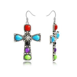 #38 Colored Stone Drop Earrings, Boho Cross Metal Engraved Pattern